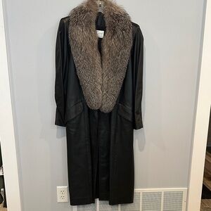 Vintage Peter Caruso Black Leather Coat with Fox Fur Collar - Mint Condition #’d